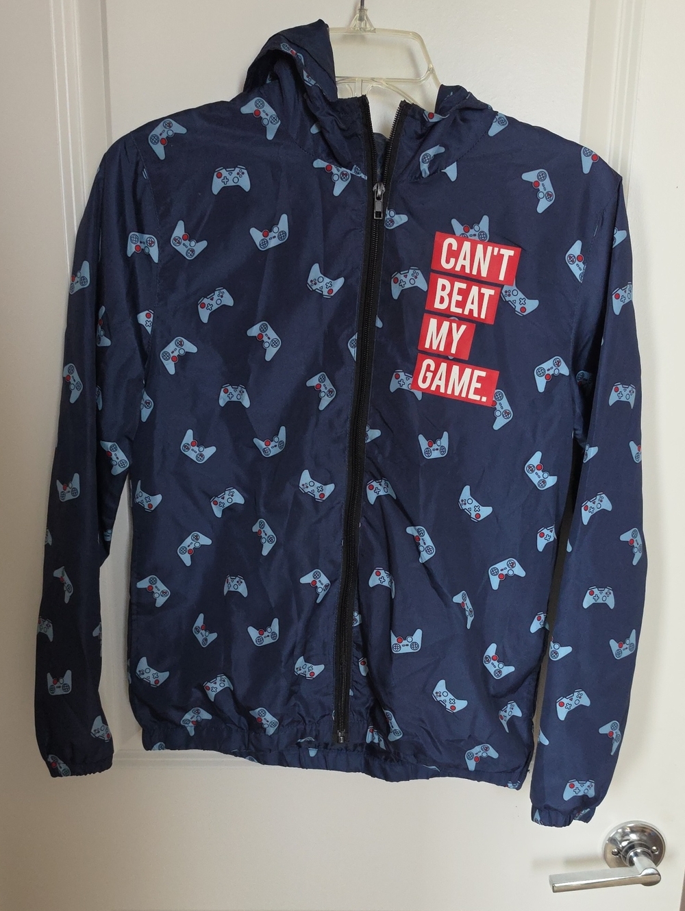 JEM Navy Hooded Kids' Jacket with Light Blue Controller Print and Red Graphic
